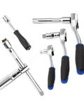 Heavy Duty Mechanic Tool Set Featuring A Complete 151 Piece Socket Wrench Kit With 1/2 1/4 And 3/8 Drives showing various chrome ratchets and extensions with rubber grips.