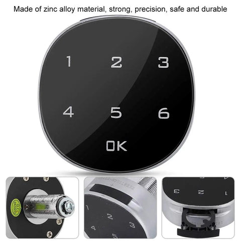 Front view of digital electronic coded lock with touch screen for cabinets, desks, mailboxes, file drawers, size 56x56mm.