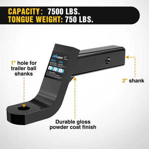 Heavy Duty Trailer Hitch Ball Mount With Five Eighth Inch Pin Clip For Two Inch Receiver, 7500 Lb Gross Weight, 750 Lb Tongue