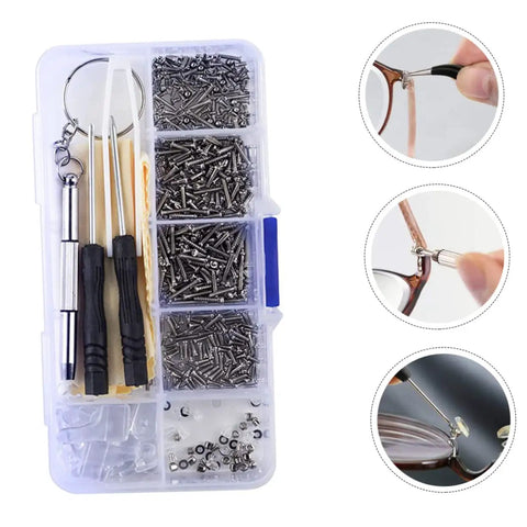 On The Go Eyeglass Repair Kit With Screws Nose Pads And Handy Multitools For Eyewear Watches And Jewelry Repair Keeps Your Specs Fixed Anywhere You Are; includes assorted screws, multitools, and nose pads in a compact case.