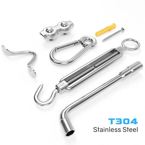 164 Ft Vinyl Coated 304 Stainless Steel Cable String Light Hanging Kit hooks, turnbuckles, and components close-up.