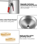 Heavy Duty Commercial Soymilk Maker With Auto Slurry Separator And Wide Mouth Feeder showing upgraded hand buckle and stainless steel feed funnel.