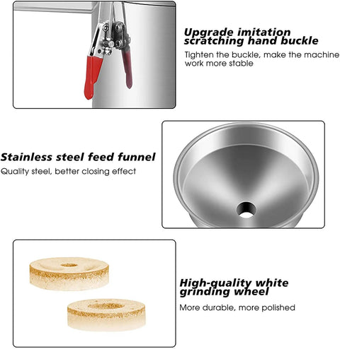 Heavy Duty Commercial Soymilk Maker With Auto Slurry Separator And Wide Mouth Feeder showing upgraded hand buckle and stainless steel feed funnel.