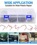 Hot Staples Plastic Welder Repair Kit With 1300 Pcs for Auto Plastic Repairs shown in a clear box with assorted staple shapes for bumpers, dashboards, lamps.