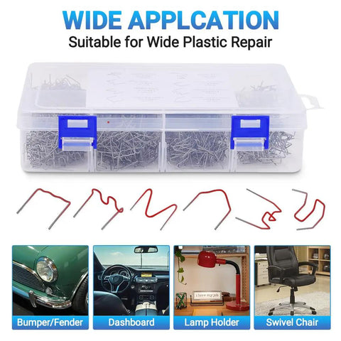 Hot Staples Plastic Welder Repair Kit With 1300 Pcs for Auto Plastic Repairs shown in a clear box with assorted staple shapes for bumpers, dashboards, lamps.