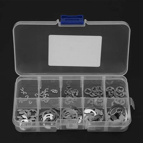 E Retaining Snap Circlip Kit 120 Piece 304 Stainless Steel Assortment in plastic case, showing different ring sizes for shaft grooves.