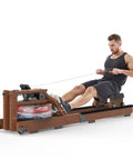 Man using Water Rowing Machine For Home Gym With Wooden Frame And 400 Lbs Capacity, Bluetooth App Connectivity, Comfortable Seat