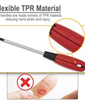 Magnetic Screwdriver Set 6 Piece With 3 Phillips And 3 Flat Head Standard And Stubby Screwdrivers Cushioned Grip Handles Ergonomic TPR Grips Magnetic Tips The Go To DIY And Home Repair Kit showing close-up on flexible TPR handle material to reduce hand strain next to a finger with calluses.