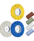 Heavy Duty 3 Airway Buffing Wheel Set With Bench Grinder Polishing Wax Wheels For Metal And Wood including blue, yellow, and white wheels.