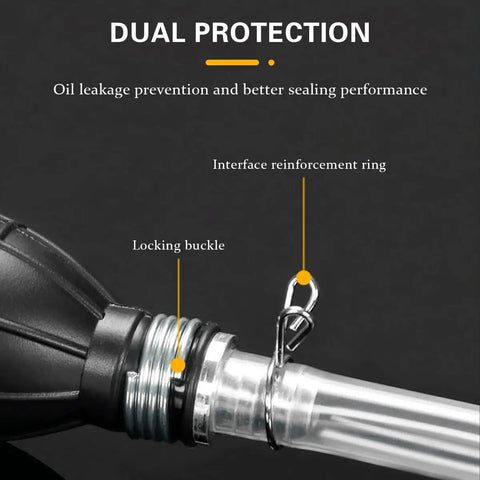 Close-up of Hand Fuel Siphon Pump For Fast Transfer No Spill Easy Pour High Flow Manual Siphon with dual protection features.