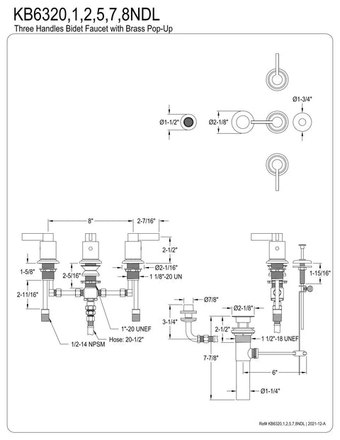 NuvoFusion Bidet Faucet Polished Chrome 8 Inch Widespread Basin Mount installation schematic with measurements.