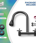 HURRAN Wall Mount Kitchen Faucet with Pull Down Sprayer, Matte Black Kitchen Sink Faucet, 8 Inch, Commercial Kitchen Sink Faucet Dual Handles kit components.
