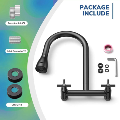 HURRAN Wall Mount Kitchen Faucet with Pull Down Sprayer, Matte Black Kitchen Sink Faucet, 8 Inch, Commercial Kitchen Sink Faucet Dual Handles kit components.