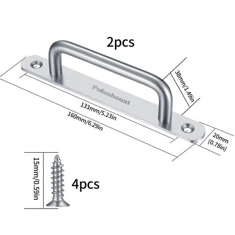 2 Pack Barn Door Handles Set in Stainless Steel with Mounting Plates, 160mm (6.3 Inch), Silver, with screws included