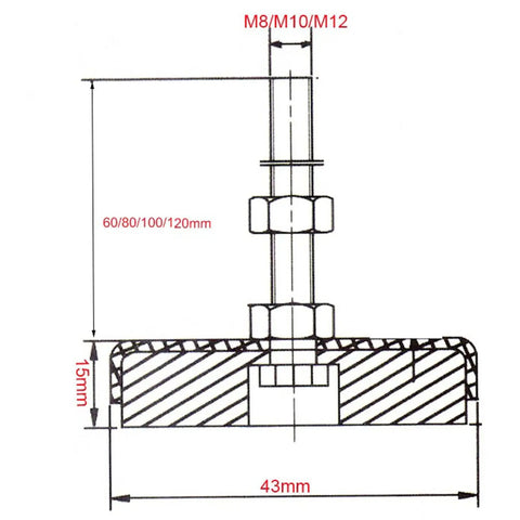 Four Pack Adjustable Leveling Feet For Furniture And Workbenches With 43mm Base Diameter Articulated Foot Cups Built To Handle Rough Floors Rugged And Ready For Kitchens Garages And Workshops M12x60mm Threaded Swivel Levelers For Stabilizing Uneven. diagram showing 43mm base, M8/M10/M12 thread, 15mm foot cup
