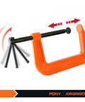Six Inch C Clamp Set For Woodworking And DIY Projects, Beefy 1000 Lb Load Capacity, Two Pack, Ductile Iron Construction, Orange Powder Coat Finish, 3 1/2 Inch Throat, 6 Inch Opening, Smooth Sliding T Handle, with visible orange body and adjustable handle mechanism.