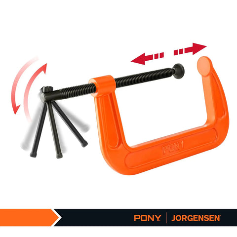 Six Inch C Clamp Set For Woodworking And DIY Projects, Beefy 1000 Lb Load Capacity, Two Pack, Ductile Iron Construction, Orange Powder Coat Finish, 3 1/2 Inch Throat, 6 Inch Opening, Smooth Sliding T Handle, with visible orange body and adjustable handle mechanism.