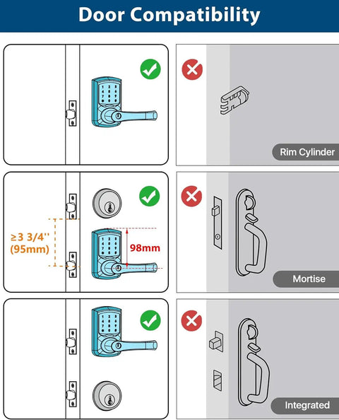 Door compatibility chart for Heavy Duty Keyless Entry Keypad Door Lock With Handle Four Pack Electronic Deadbolts.