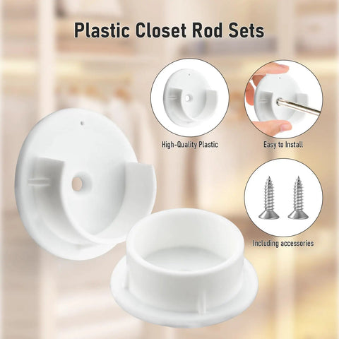 Plastic Closet Rod Bracket Holder Set For One And Three Eighths Inch Rods White U Shaped Open Socket Brackets With End Flange For Closets And Shower Curtain Rods Includes Mounting Screws Two Pack, white plastic bracket and screws