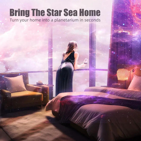 Astronaut Galaxy Projector Night Light With Timer And Remote Pink And White illuminating a bedroom with nebula effects