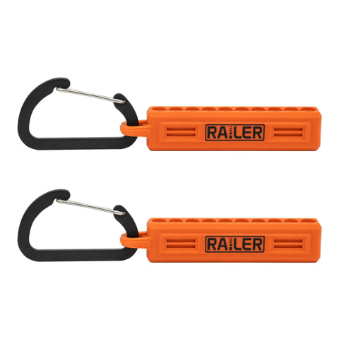 Screwdriver Bit Holder Storage Organizer 10 Hole Orange Bit Holder With Carabiner 2 Pack Hella Handy For Quick Access And Secure Bit Storage On The Job, displaying two orange holders with black carabiners.