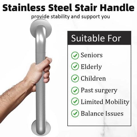 Heavy Duty Metal Stair Handrail Built Like A Tank For Wall Mounted Safety Grab Bar And Step Support No Sweat Install Up To 300 Pound Rust Resistant Powder Coat Finish with a hand gripping stainless steel