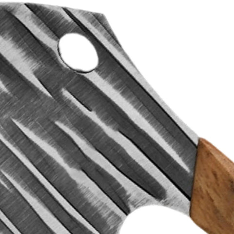 Close-up of Heavy Duty Kitchen Meat Cleaver Set With Carbon Steel Blade And Leather Sheath, showing blade texture and handle detail.