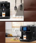All Day Fully Automatic Coffee Machine With 19 Bar Pump And Built In Grinder Boasts Sleek Full Touch Lcd Interface Solid Steel Build, brewing espresso on kitchen counter.