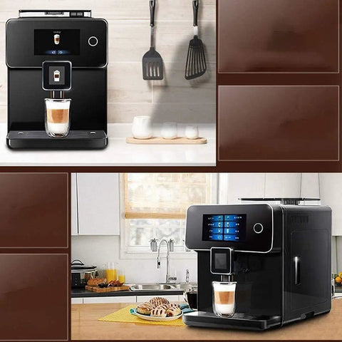 All Day Fully Automatic Coffee Machine With 19 Bar Pump And Built In Grinder Boasts Sleek Full Touch Lcd Interface Solid Steel Build, brewing espresso on kitchen counter.