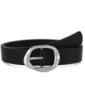Reliable Daily Go To Womens Black Faux Leather Belt With Metallic Silver Buckle Adjustable Waist Strap For Denim Jeans And Flowy Dresses One Point Two Inch Width Dress Up Or Down Fits Like A Dream - Side view showing buckle and strap.