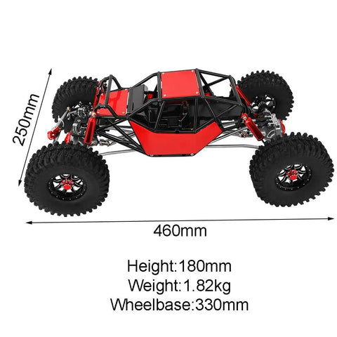 Beefy 330mm Wheelbase Rock Crawler Frame Chassis With SCX10 Axles Nylon Roll Cage Independent Shocks LCG Transmission Steel Gears One Tenth RC Crawler Upgrade For Axial SCX10 Red, top view with dimensions shown.