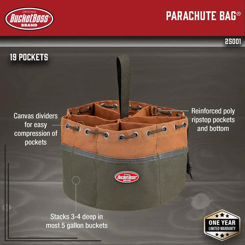 Image of Canvas Organizer Parachute Bag with 19 Pockets for Nails Screws and Bolts Brown Heavy Duty Tool Pouch for 5 Gallon Buckets