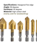 Woodworking countersink drill bit set with brass hex-shank bits, six pieces