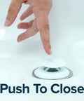 Hand pressing Slick Snap Shut Tub Drain Stopper For Standard 1.5 Inch Open Bathroom Drains Easy Peasy Push Valve Plug.