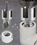 3 In 1 Pipe Threader Kit With Internal And External Threading Screw Extractor And Sealant Tape For One Half Inch And Three Quarter Inch PVC Pipes Electric Drill Compatible Plumbing DIY Tool For Home Improvement, shown in use with a PVC pipe