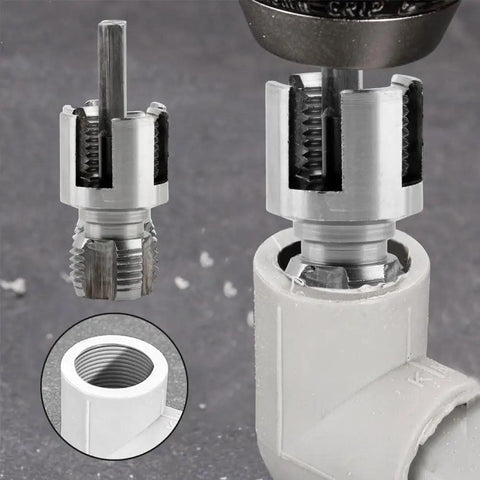 3 In 1 Pipe Threader Kit With Internal And External Threading Screw Extractor And Sealant Tape For One Half Inch And Three Quarter Inch PVC Pipes Electric Drill Compatible Plumbing DIY Tool For Home Improvement, shown in use with a PVC pipe