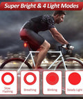 Sticky Bike Alarm Taillight For Happy E-Bike Offroad MTB That Stops Thieves With Sensitive Vibration Sensor To Save Your Ride And Keep You Safe On Dark City Streets With Bright Warning Modes, rear light modes shown