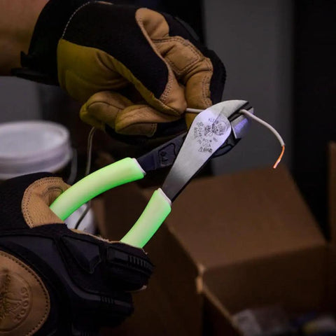 Hi Viz Glow In The Dark 8 Inch Diagonal Cutting Pliers With Angled Head And Short Jaws, High Leverage Gear for Tight Spaces in use