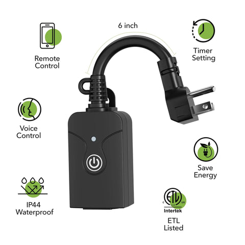 Outdoor Smart WiFi Plug Outlet With Heavy Duty Grounded Outlet No Fuss Remote App Control And Voice Control Works With Alexa And Google Home 2.4 GHz WiFi Only ETL Listed 1 Pack, showing 6-inch plug with features icons