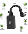 Outdoor Smart WiFi Plug With Heavy Duty Timer And Grounded Outlet shown with control features and ETL certificate, 6-inch cord.