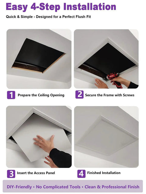 Easy 4-step installation guide for 24x24 Flip-Up Ceiling Access Panel No Sweat Install Push Pop Cover Lift-Up Hinge for Attic Plumbing HVAC.