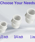 Three white PVC pipe fittings in 1/2, 3/4, and 1 inch sizes, showing the 10 Pack One Half Inch NPT Female PVC Pipe Fittings Socket To Female Slip Coupling Sch40 White Plumbing Connectors For Center Hookups Heavy Duty 330 PSI Rating.