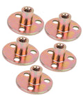 Set of five Three Hole Flange Tee Nuts for furniture, galvanized smooth surface, M8 thread, heavy duty connector for DIY projects.