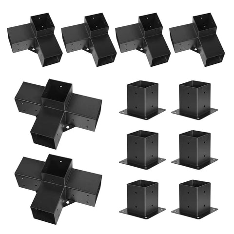 4x4 Pergola Brackets Kit For 3.5x3.5 Inch Wood Beams With 3-Way Brackets (4 Pieces) And 4-Way Brackets (2 Pieces) Plus 6 Post Bases For Outdoor Pergolas Gazebos And Sheds, Easy Install, Heavy Duty And Weather Ready