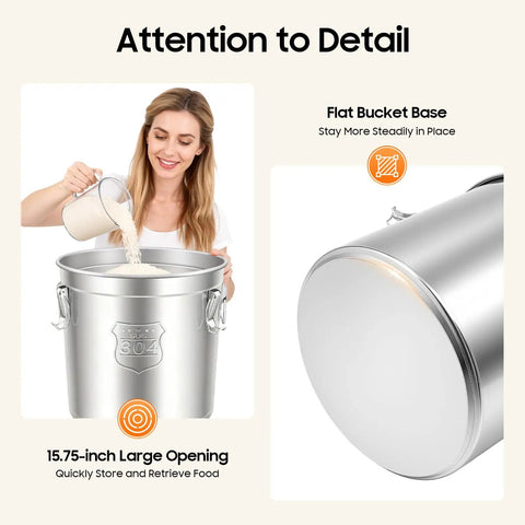 Built Like A Tank 304 Stainless Steel Airtight Canister For Kitchen Storage and Heavy Duty Lock Top Food Bin pouring rice.