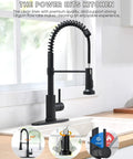 Heavy Duty Matte Black Kitchen Faucet With Smooth Operator Pull Down Sprayer And High Arc Spring Mount delivering dual spray settings shown in kitchen.