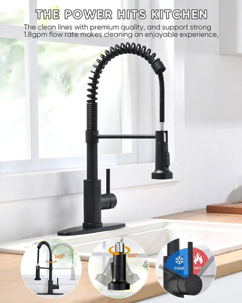Heavy Duty Matte Black Kitchen Faucet With Smooth Operator Pull Down Sprayer And High Arc Spring Mount delivering dual spray settings shown in kitchen.