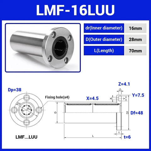 Badass LMF16LUU Long Round Flange Linear Ball Bearings with 16mm bore, 28mm OD, 70mm length, steel material and double rubber seals.