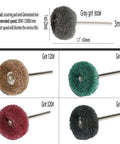Yutnqin 69-pc abrasive wheel set for rotary tools with 3mm shank; assorted grits 120–800 in front, side, and close-up views