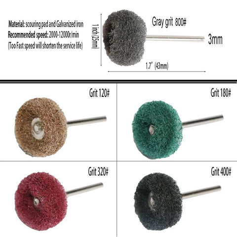 Yutnqin 69-pc abrasive wheel set for rotary tools with 3mm shank; assorted grits 120–800 in front, side, and close-up views